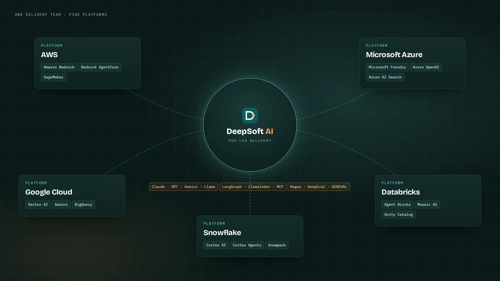 DeepSoft AI at the centre of five platforms: AWS, Microsoft Azure, Google Cloud, Databricks and Snowflake, with shared models, frameworks and evaluation tools.