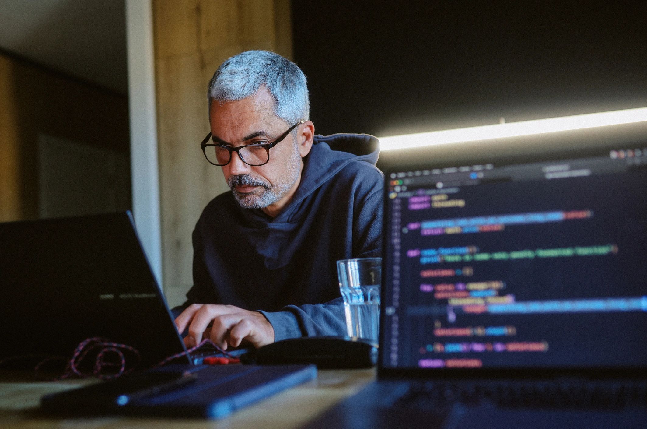 Developer working at a modern workstation at night