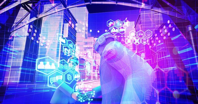 Futuristic digital city view from technology device eye control.3D rendering